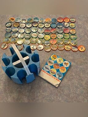 60's Aircraft Jell-O Brand Picture Wheels & Caddy - 69 Jell-O Pogs - Souvenir